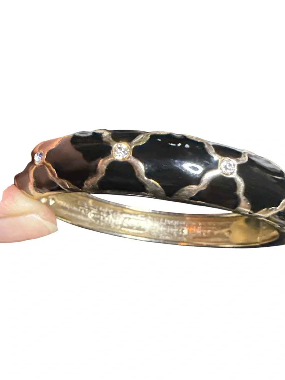 Sequin NYC 4 Pc Hinged Bangle Bracelet Set Black White Enamel Crystal Gold Tone